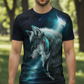 Man wearing a t-shirt with a wolf design in a forest setting