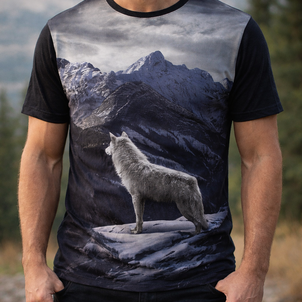 T-shirt with a wolf and mountain design worn by a person outdoors