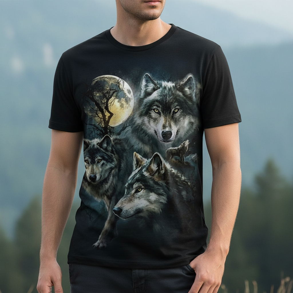 Person wearing a black t-shirt with wolf graphic design against a blurred natural background