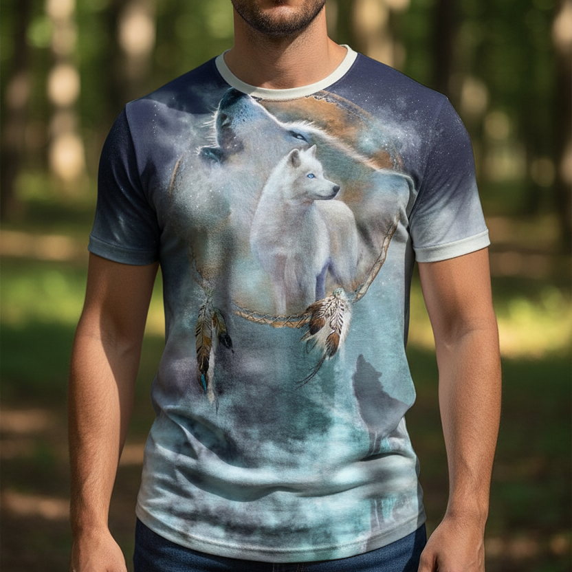 Man wearing a t-shirt with a graphic design of horses in a forest setting