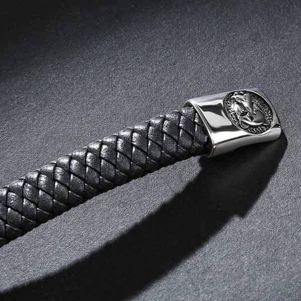 Bracelet wolf braided leather : chic jewelry | Wolf-Horde-16.5cm-