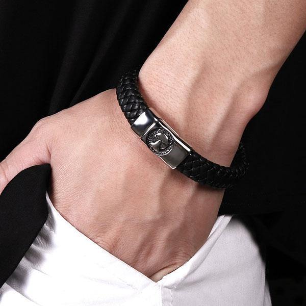 Bracelet wolf braided leather : chic jewelry | Wolf-Horde-16.5cm-