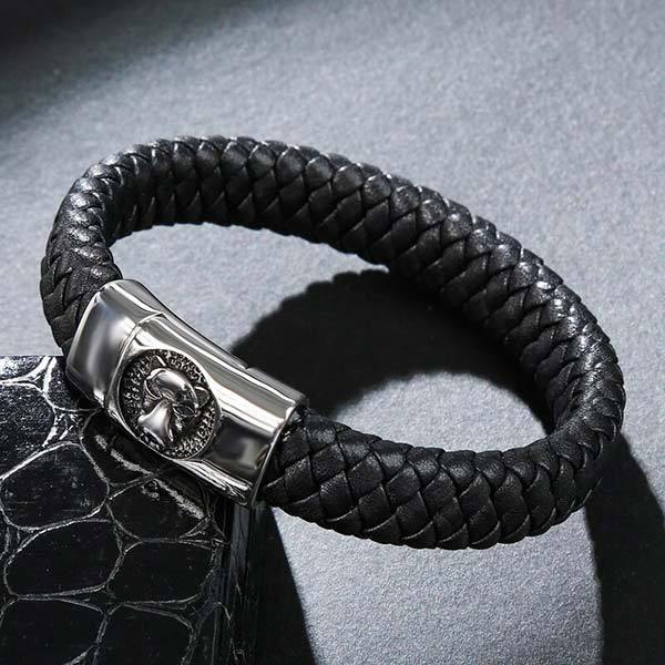 Bracelet wolf braided leather : chic jewelry | Wolf-Horde-16.5cm-