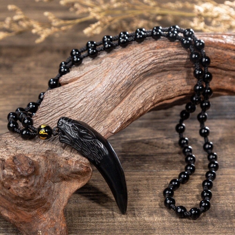 Carved Obsidian Wolf Fang Necklace FREKI | Wolf-Horde Glossy