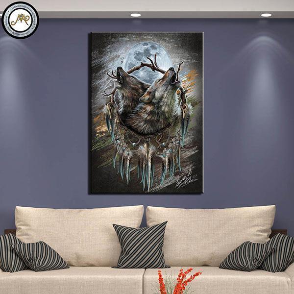 Wolf and Dream Catcher Painting | Wolf-Horde-35x50cm-