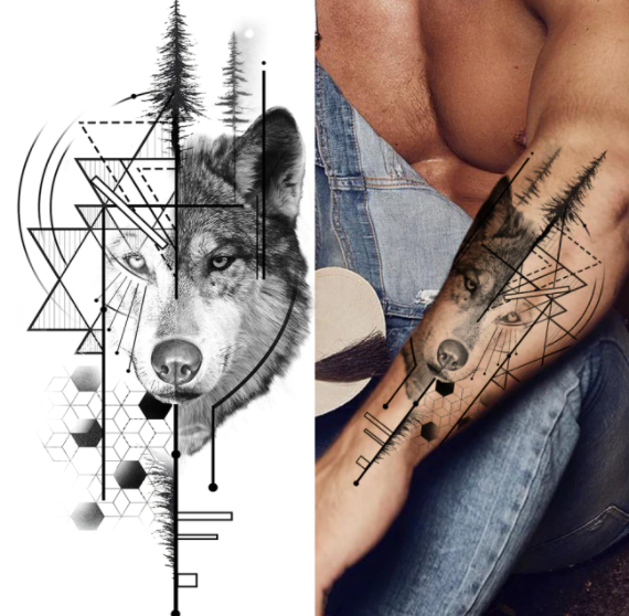 Wolf Tattoo half geometric | Wolf-Horde-xqb089-