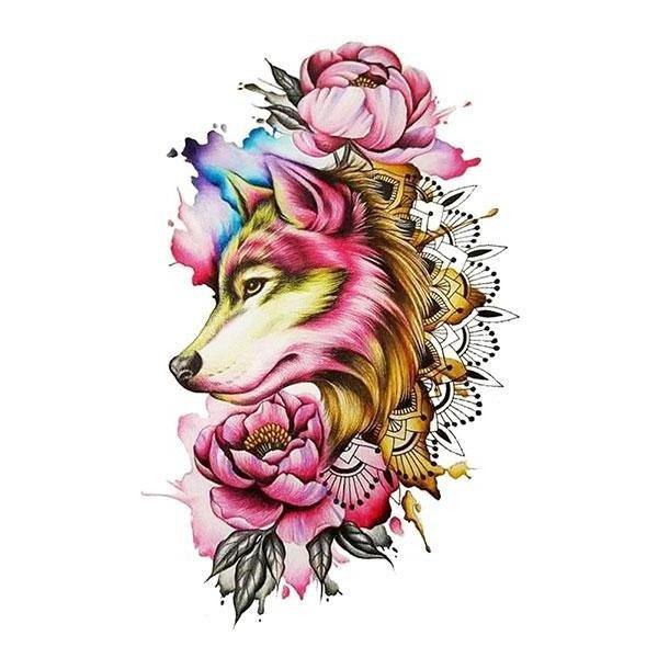 Flower wolf tattoo on the upper back